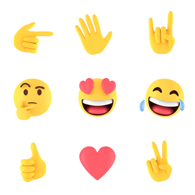 Animated 3D emoji pack - thumbs up, waving hand, rock on, thinking face, heart-eyes, laughing tears, thumbs up, heartbeat, victory